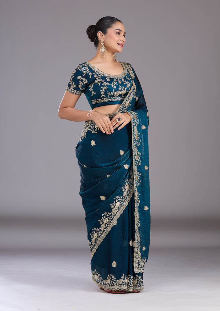 Peacock Blue Zariwork (Gold) Tissue Saree