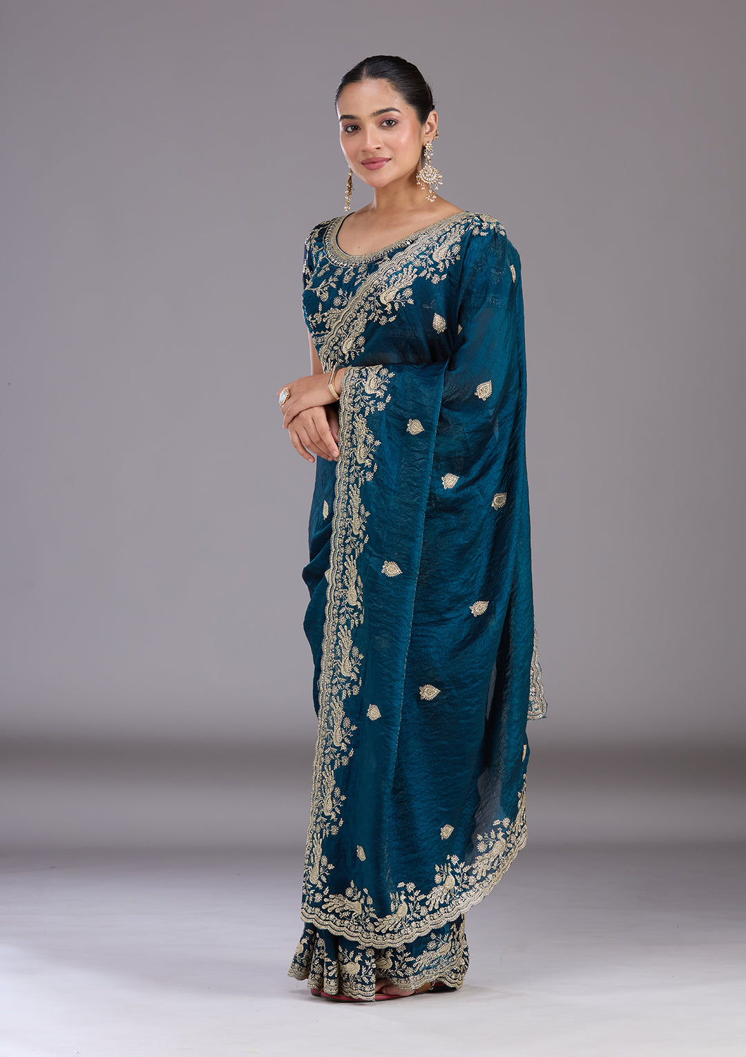 Peacock Blue Zariwork (Gold) Tissue Saree