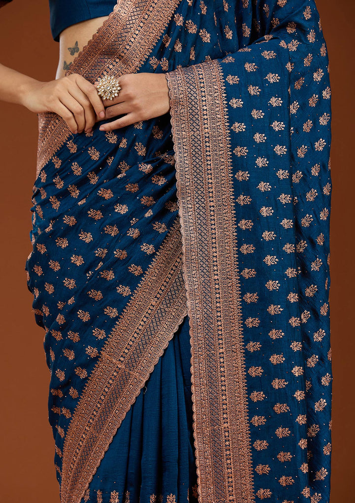 Peacock Blue Zariwork (Antique) Soft Raw Silk Saree