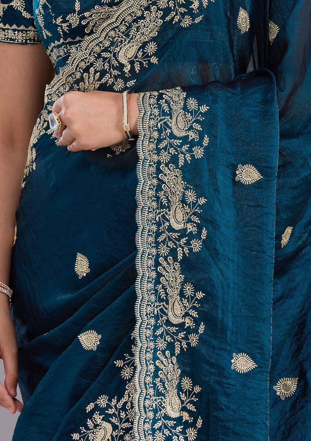 Peacock Blue Zariwork (Gold) Tissue Saree