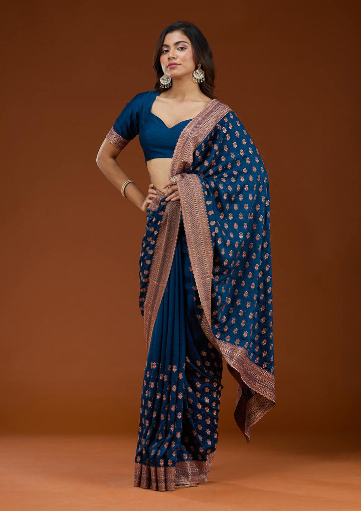 Peacock Blue Zariwork (Antique) Soft Raw Silk Saree
