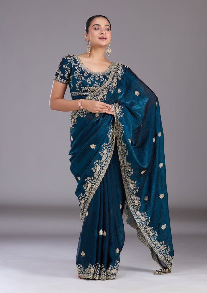Peacock Blue Zariwork (Gold) Tissue Saree