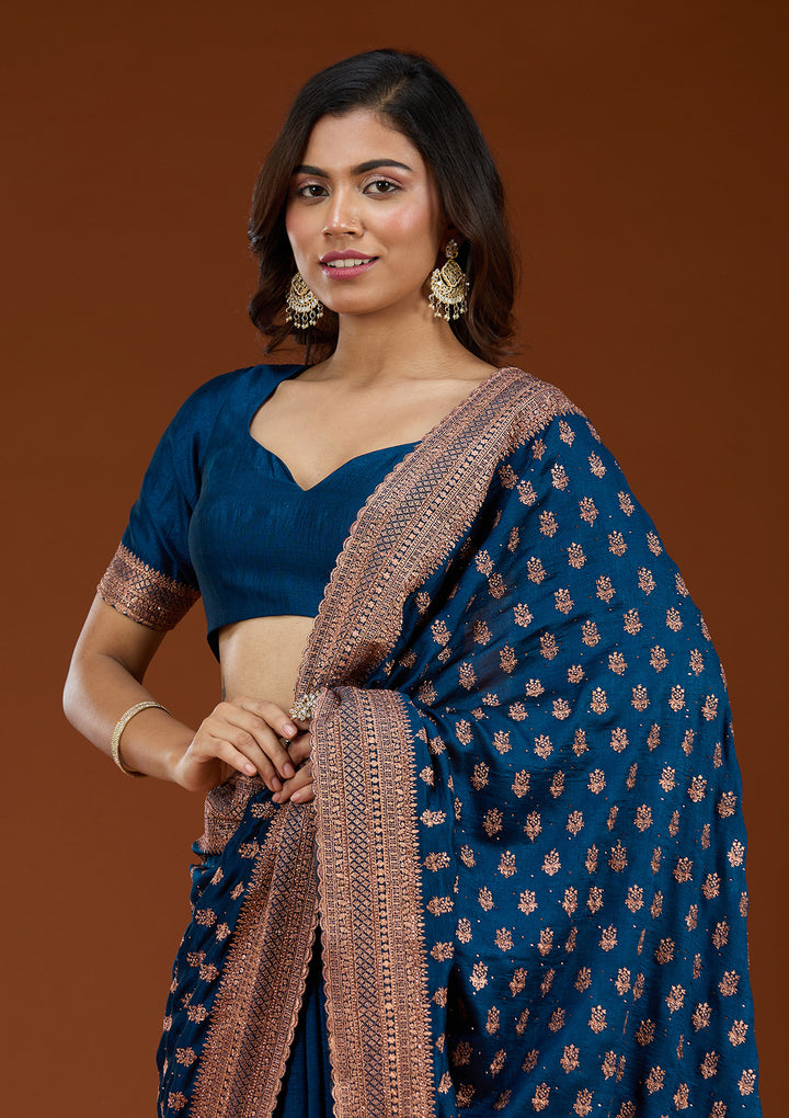 Peacock Blue Zariwork (Antique) Soft Raw Silk Saree