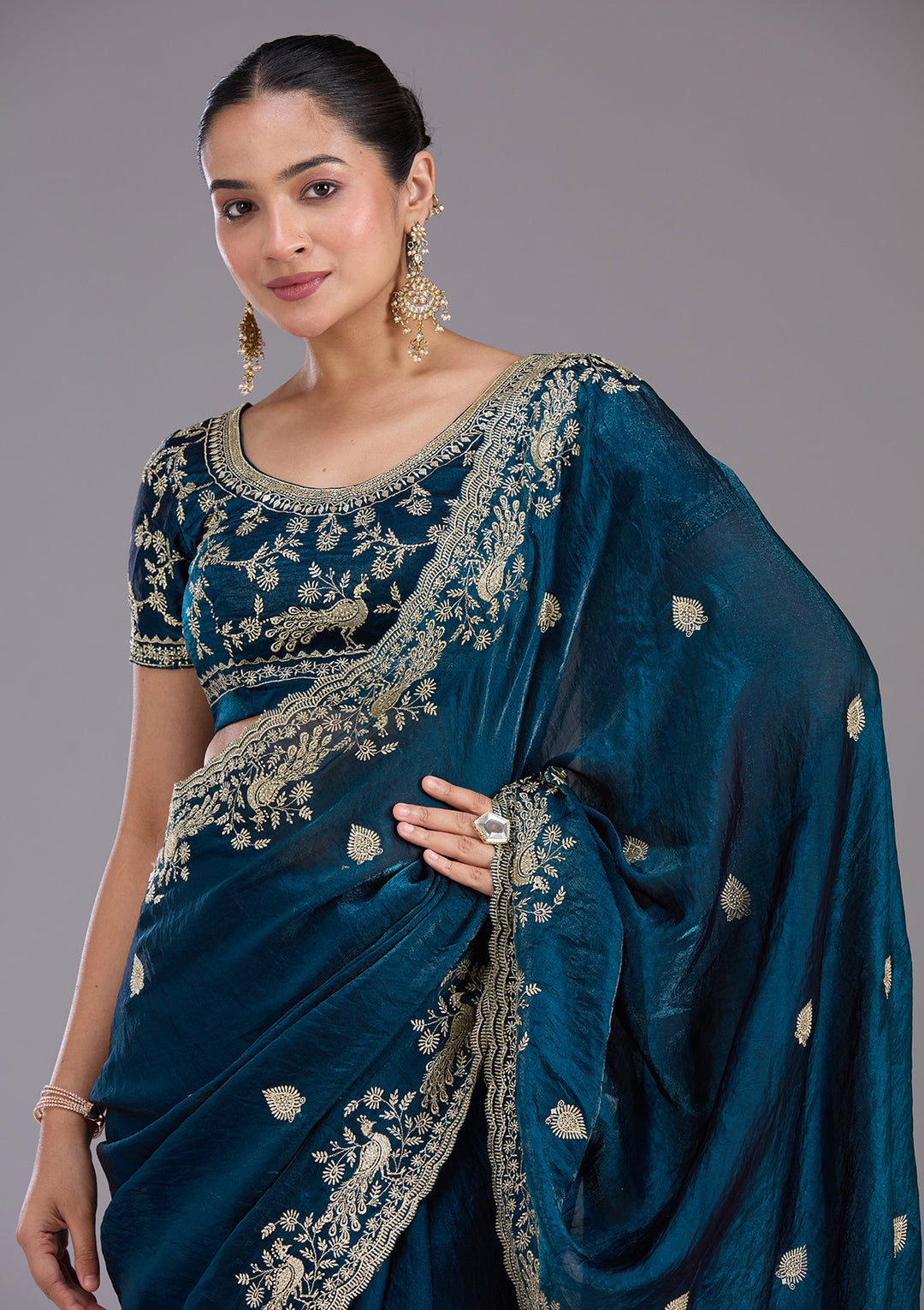 Peacock Blue Zariwork (Gold) Tissue Saree