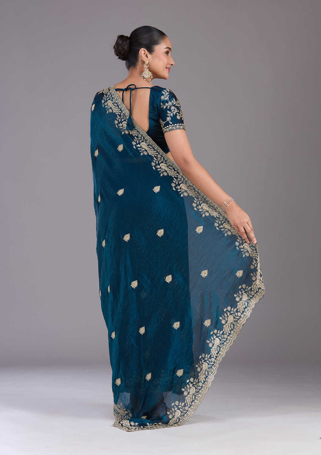 Peacock Blue Zariwork (Gold) Tissue Saree