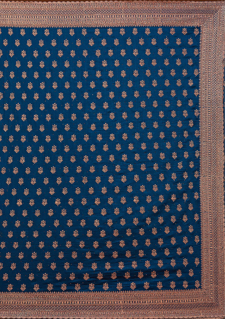 Peacock Blue Zariwork (Antique) Soft Raw Silk Saree