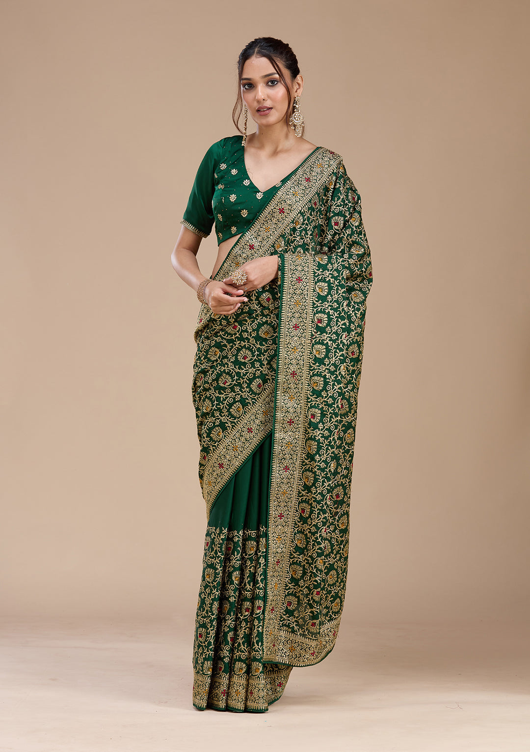 Bottle Green Zariwork (Gold) Soft Raw Silk Saree