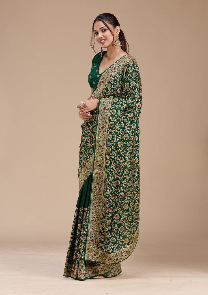 Bottle Green Zariwork (Gold) Soft Raw Silk Saree
