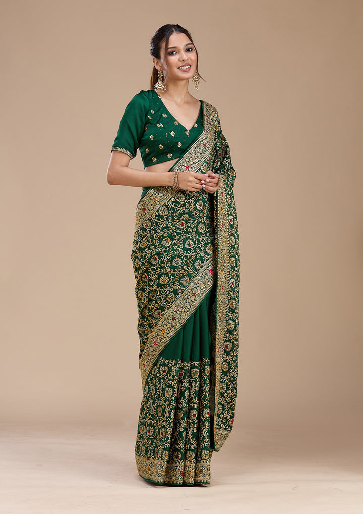 Bottle Green Zariwork (Gold) Soft Raw Silk Saree