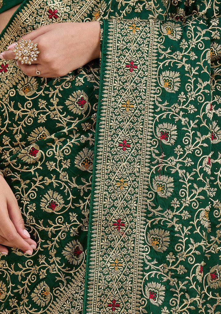 Bottle Green Zariwork (Gold) Soft Raw Silk Saree