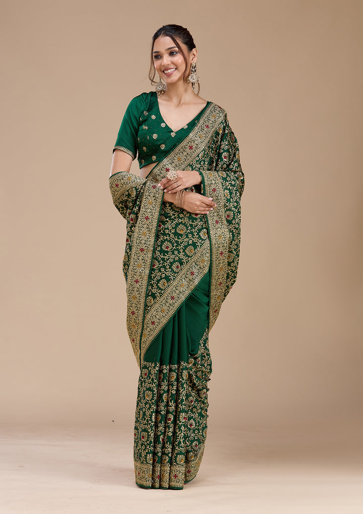 Bottle Green Zariwork (Gold) Soft Raw Silk Saree