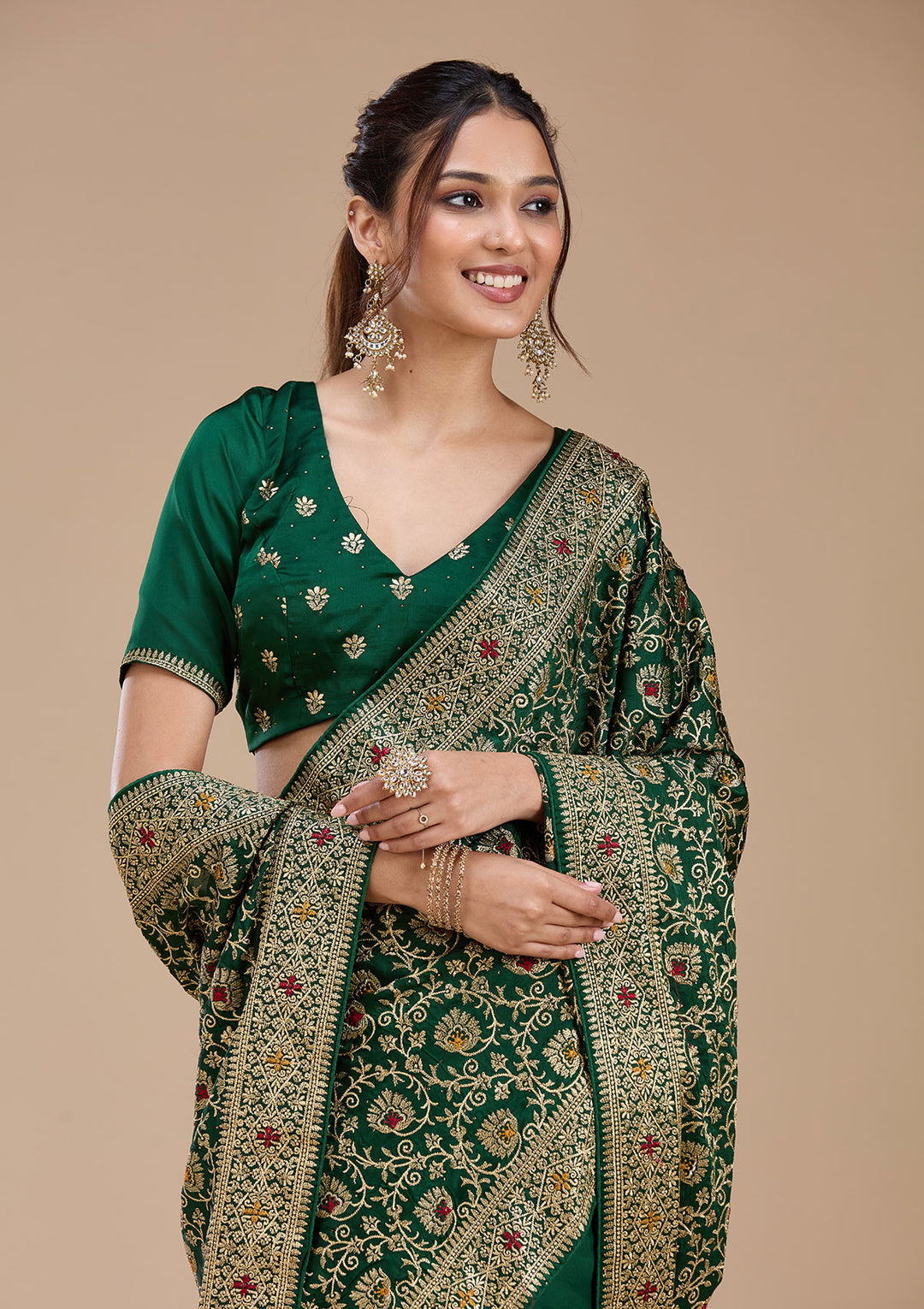Bottle Green Zariwork (Gold) Soft Raw Silk Saree