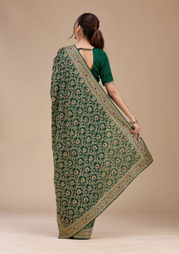 Bottle Green Zariwork (Gold) Soft Raw Silk Saree