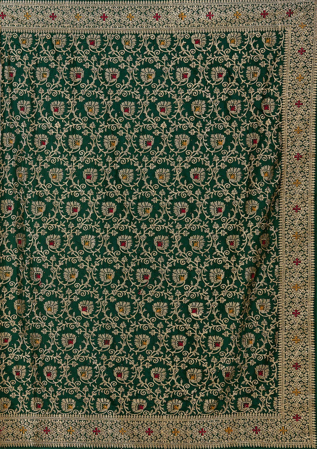 Bottle Green Zariwork (Gold) Soft Raw Silk Saree