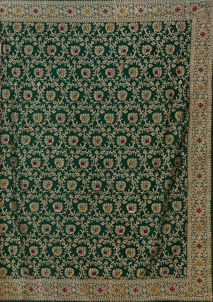 Bottle Green Zariwork (Gold) Soft Raw Silk Saree