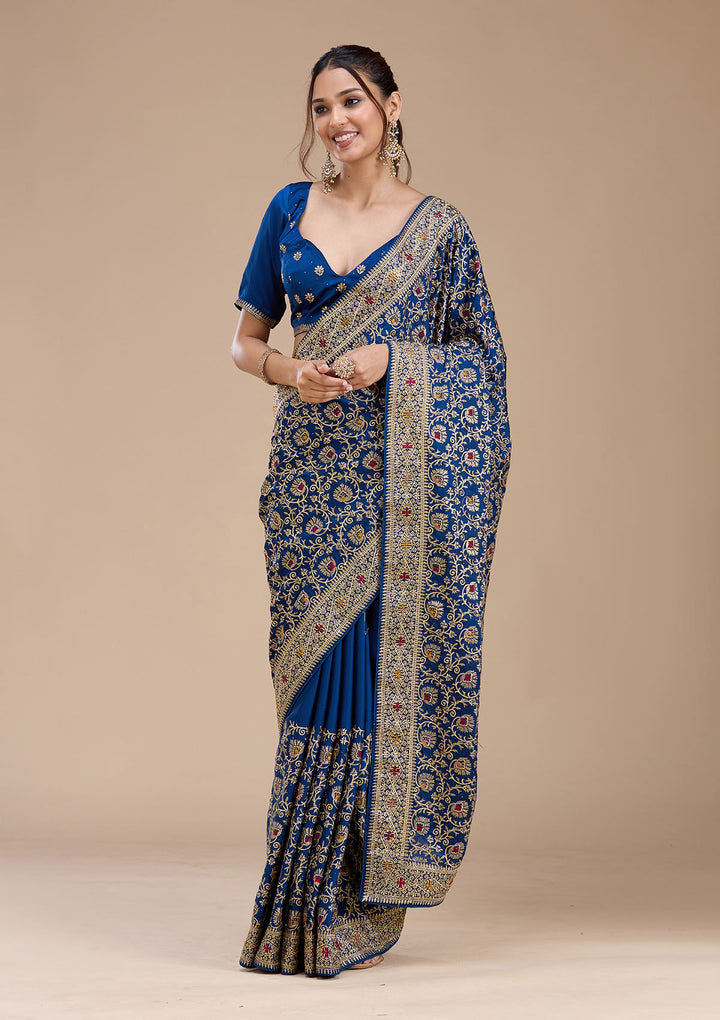 Navy Blue Zariwork (Gold) Soft Raw Silk Saree