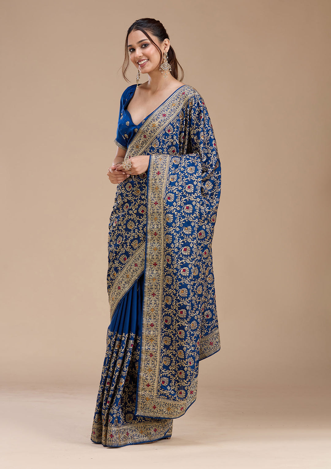 Navy Blue Zariwork (Gold) Soft Raw Silk Saree