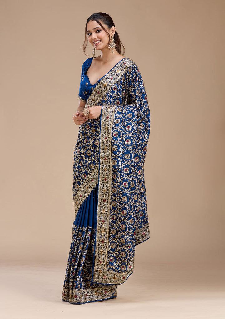 Navy Blue Zariwork (Gold) Soft Raw Silk Saree