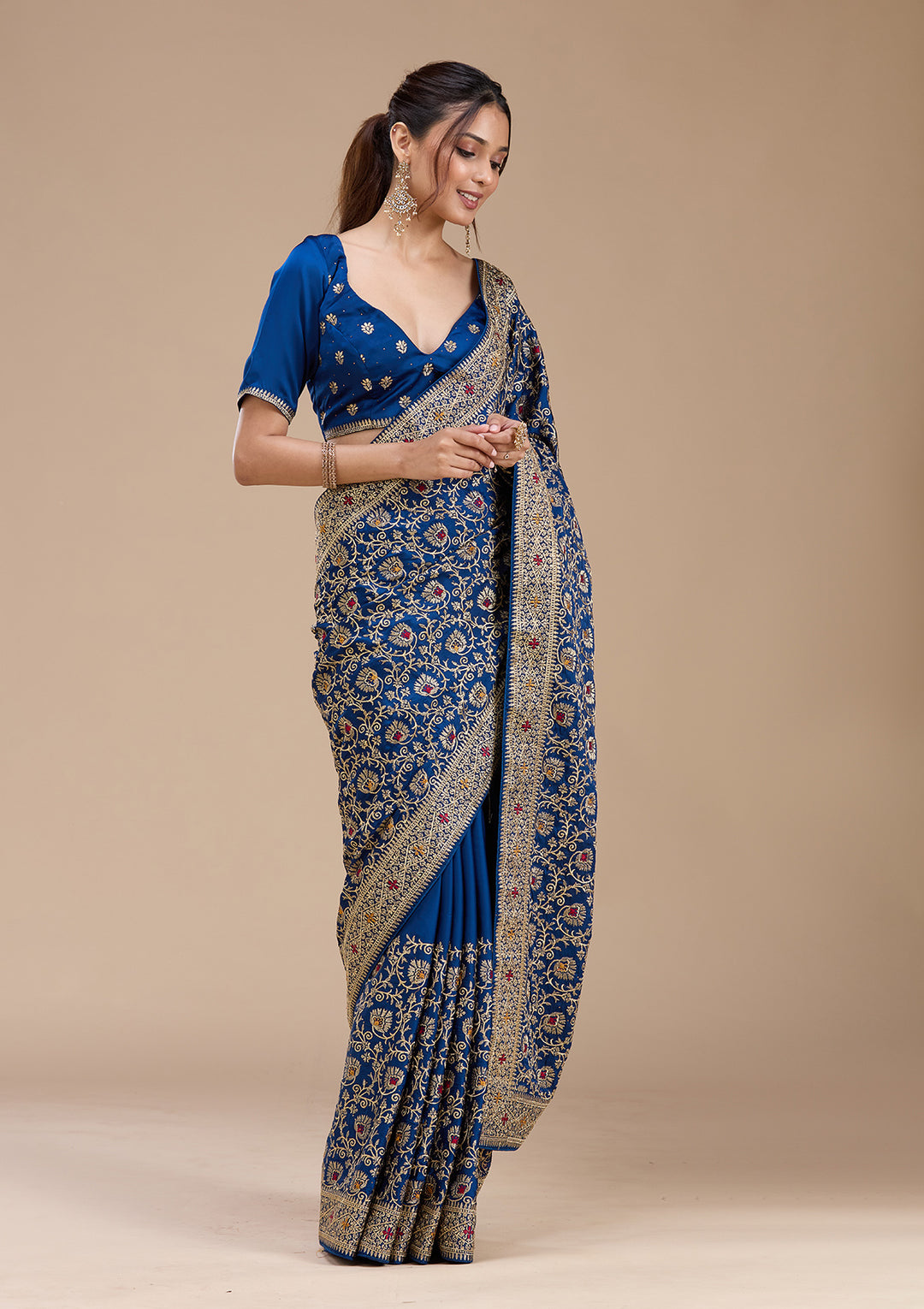 Navy Blue Zariwork (Gold) Soft Raw Silk Saree
