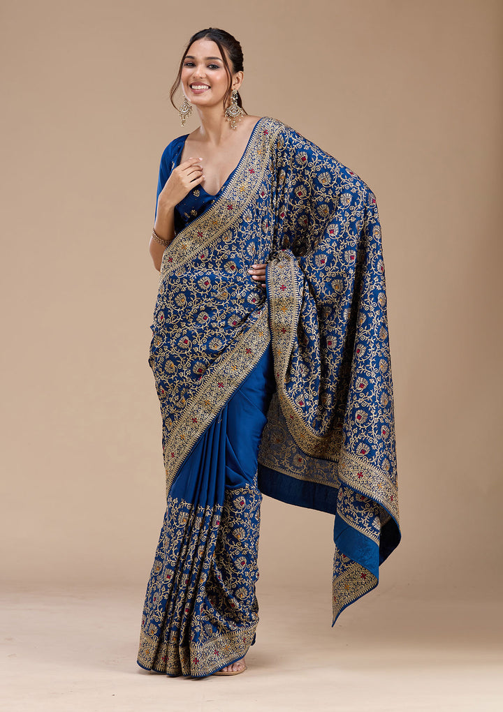 Navy Blue Zariwork (Gold) Soft Raw Silk Saree