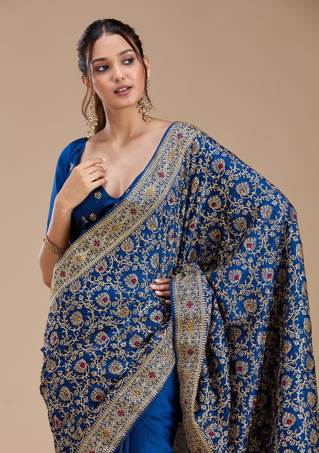 Navy Blue Zariwork (Gold) Soft Raw Silk Saree