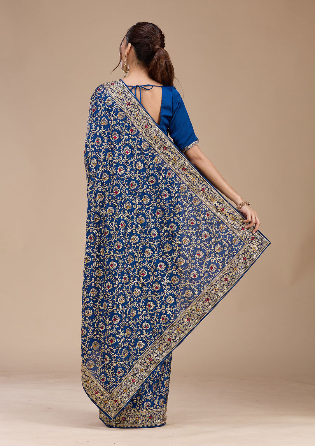 Navy Blue Zariwork (Gold) Soft Raw Silk Saree