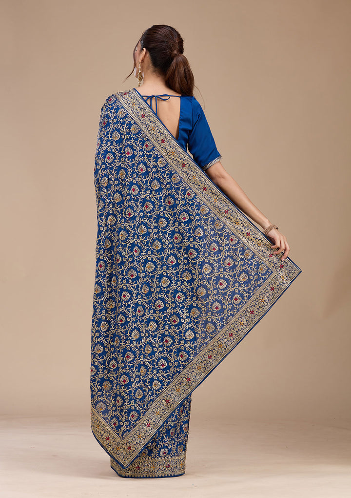 Navy Blue Zariwork (Gold) Soft Raw Silk Saree