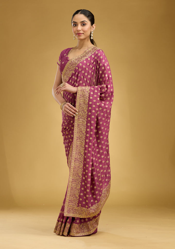 Onion Pink Zariwork (Gold) Soft Raw Silk Saree