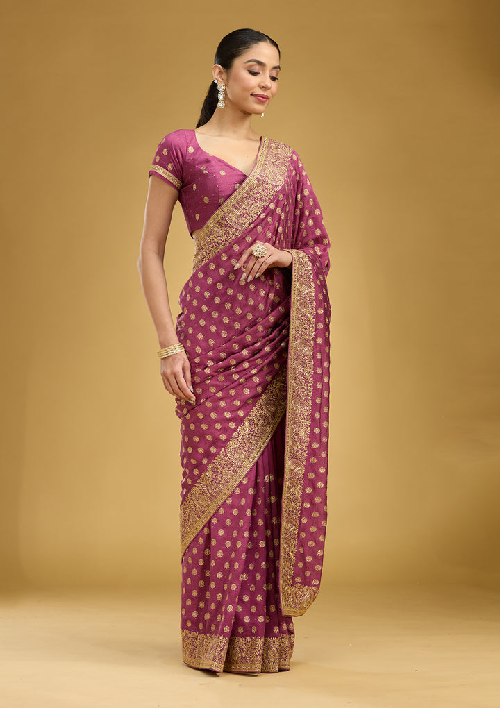 Onion Pink Zariwork (Gold) Soft Raw Silk Saree