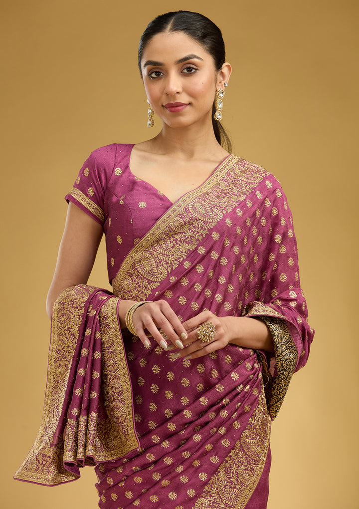 Onion Pink Zariwork (Gold) Soft Raw Silk Saree