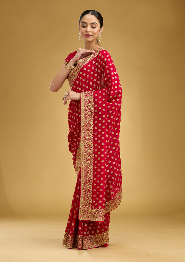 Rani Pink Zariwork (Gold) Soft Raw Silk Saree