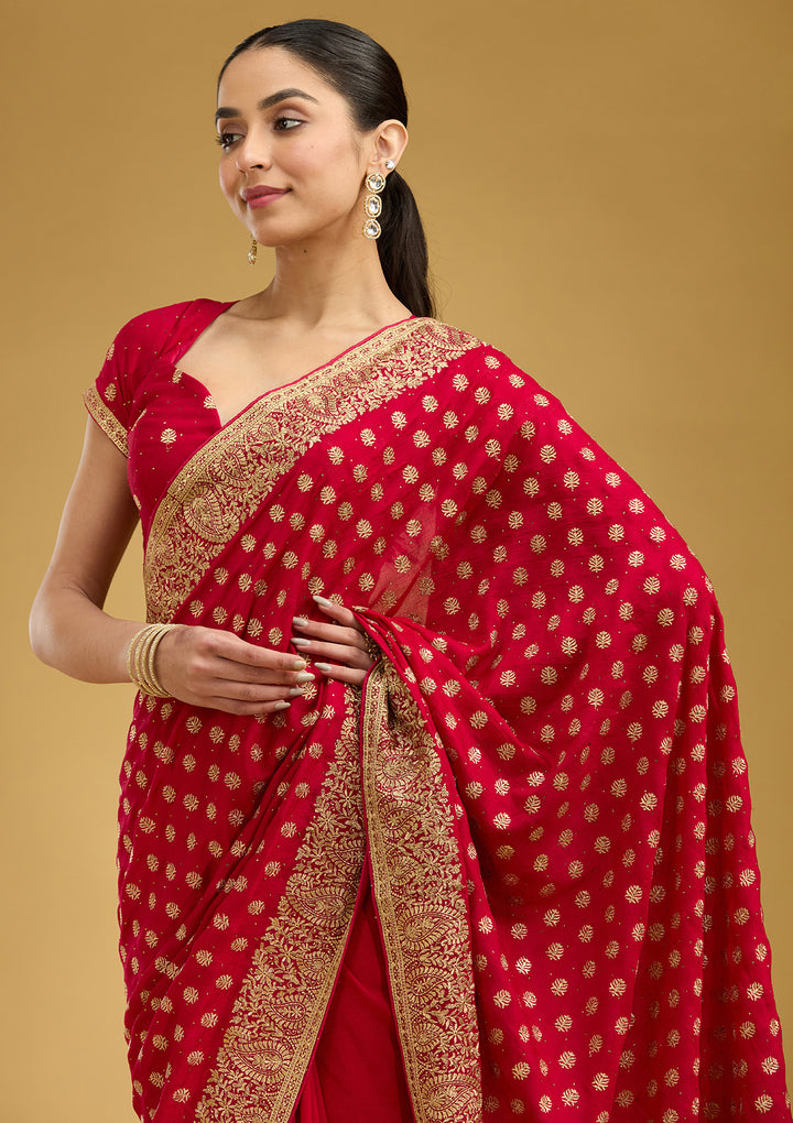 Rani Pink Zariwork (Gold) Soft Raw Silk Saree