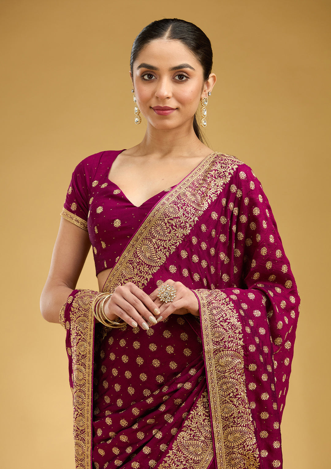 Wine Zariwork (Gold) Soft Raw Silk Saree