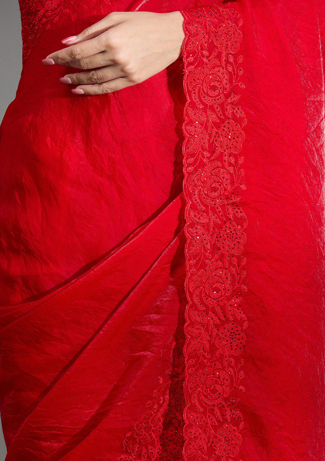 Red Threadwork Tissue Saree