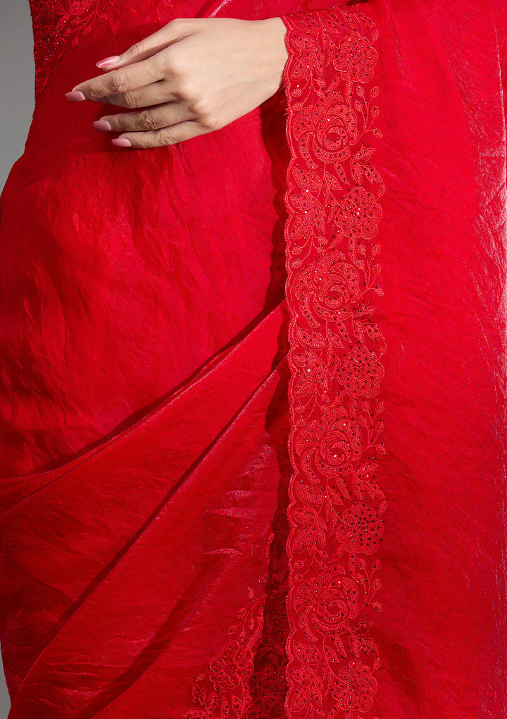 Red Threadwork Tissue Saree