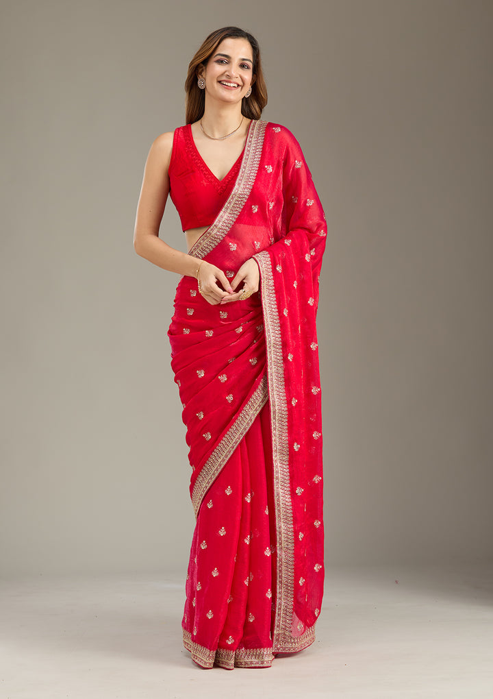 Rani Pink Zariwork (Gold) Tissue Saree