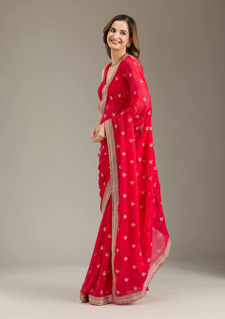 Rani Pink Zariwork (Gold) Tissue Saree