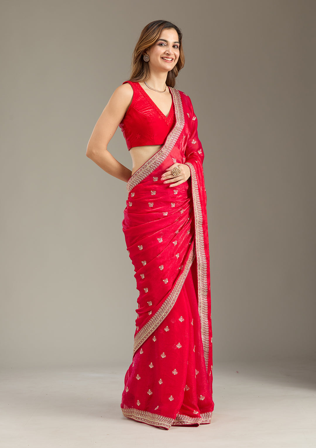 Rani Pink Zariwork (Gold) Tissue Saree