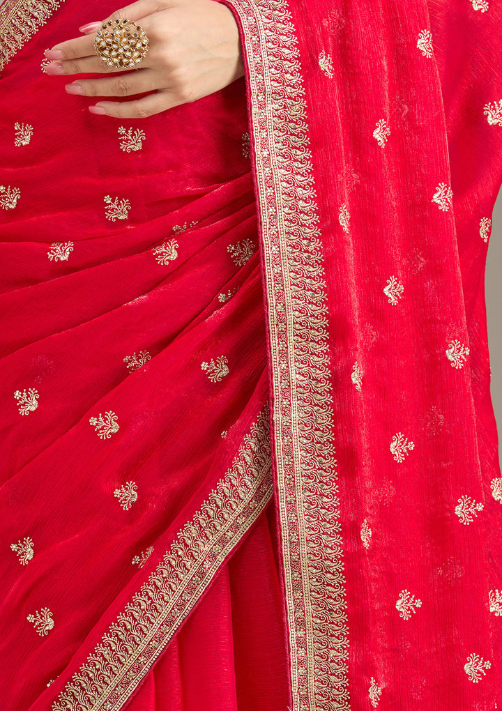 Rani Pink Zariwork (Gold) Tissue Saree