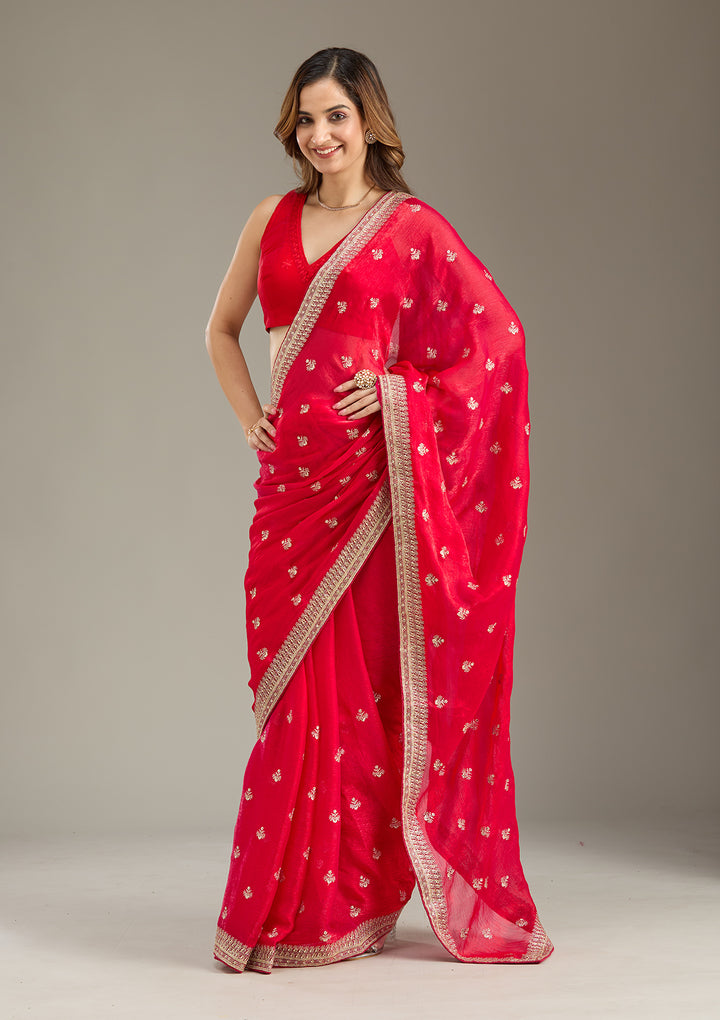 Rani Pink Zariwork (Gold) Tissue Saree