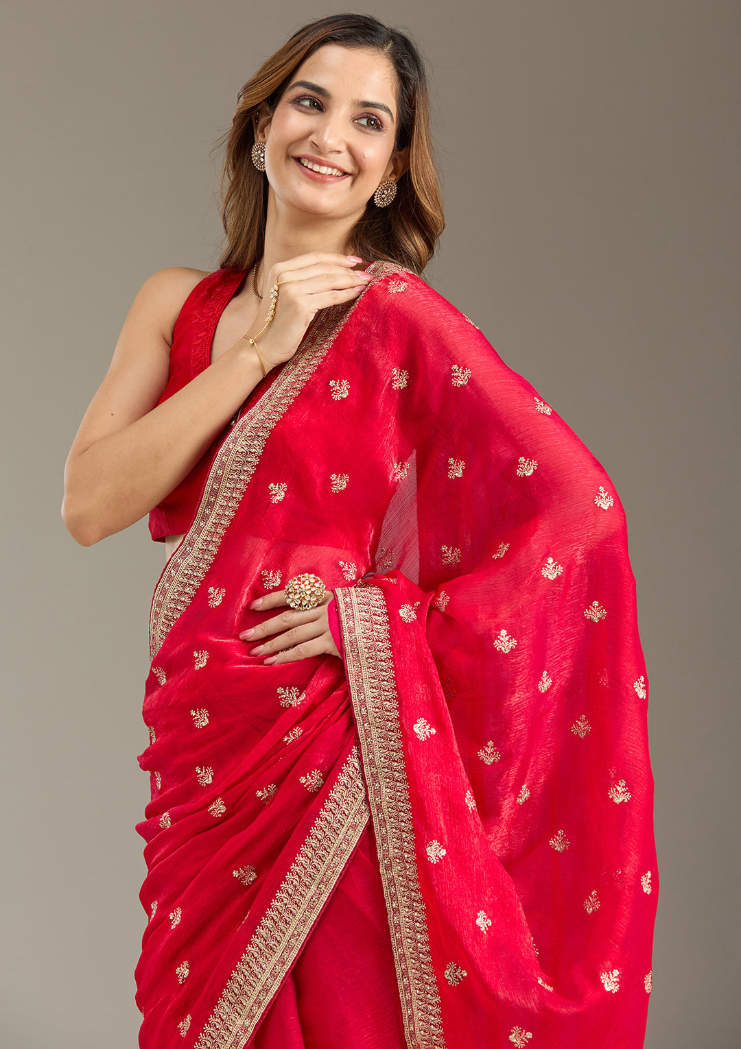Rani Pink Zariwork (Gold) Tissue Saree