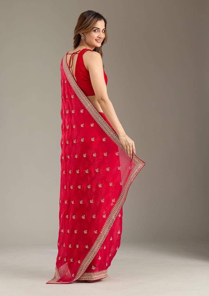 Rani Pink Zariwork (Gold) Tissue Saree