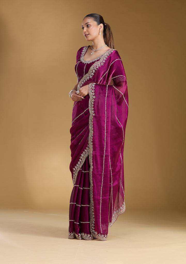 Wine Stonework (Silver) Tissue Saree