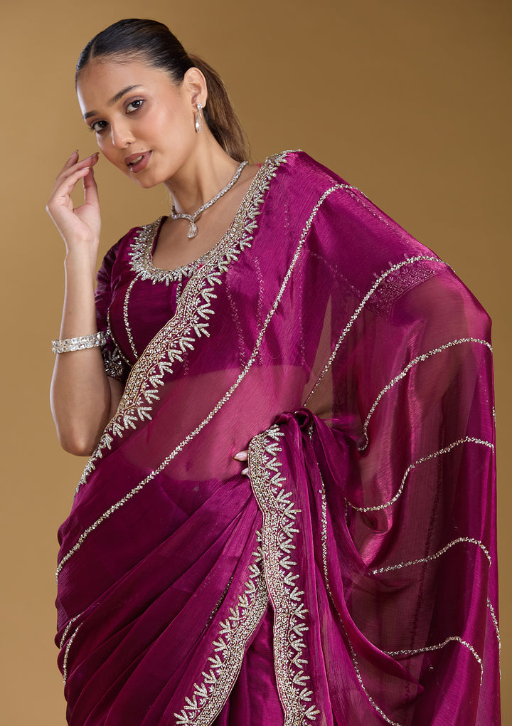 Wine Stonework (Silver) Tissue Saree