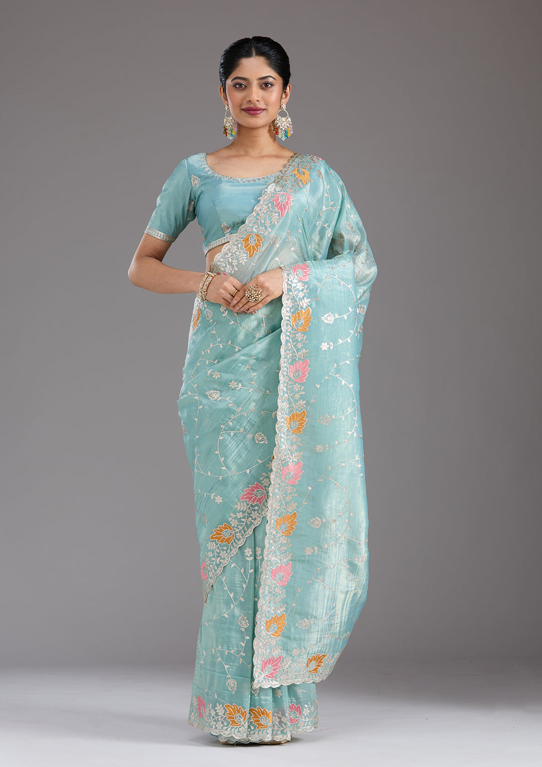 Sea Green Gotapatti Organza Saree