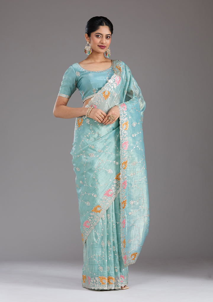 Sea Green Gotapatti Organza Saree