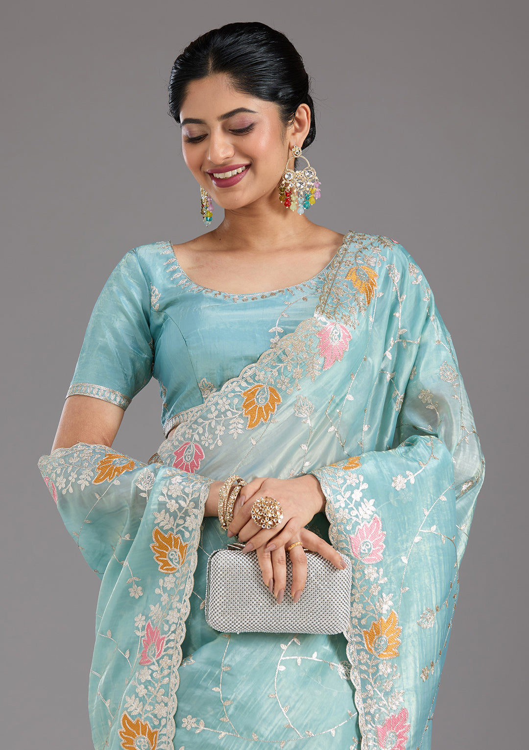 Sea Green Gotapatti Organza Saree