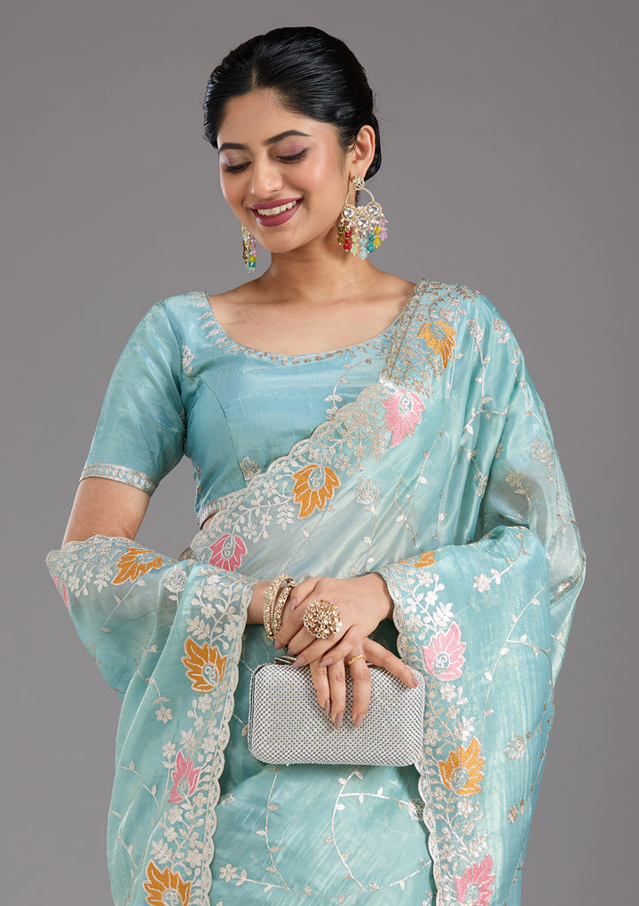 Sea Green Gotapatti Organza Saree