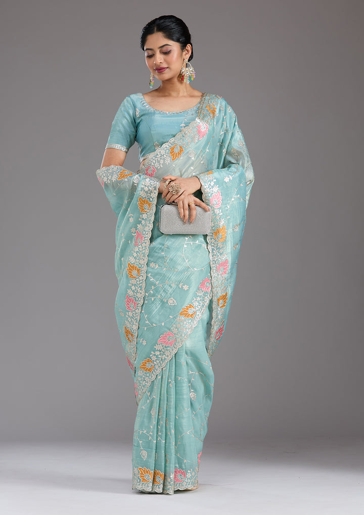 Sea Green Gotapatti Organza Saree