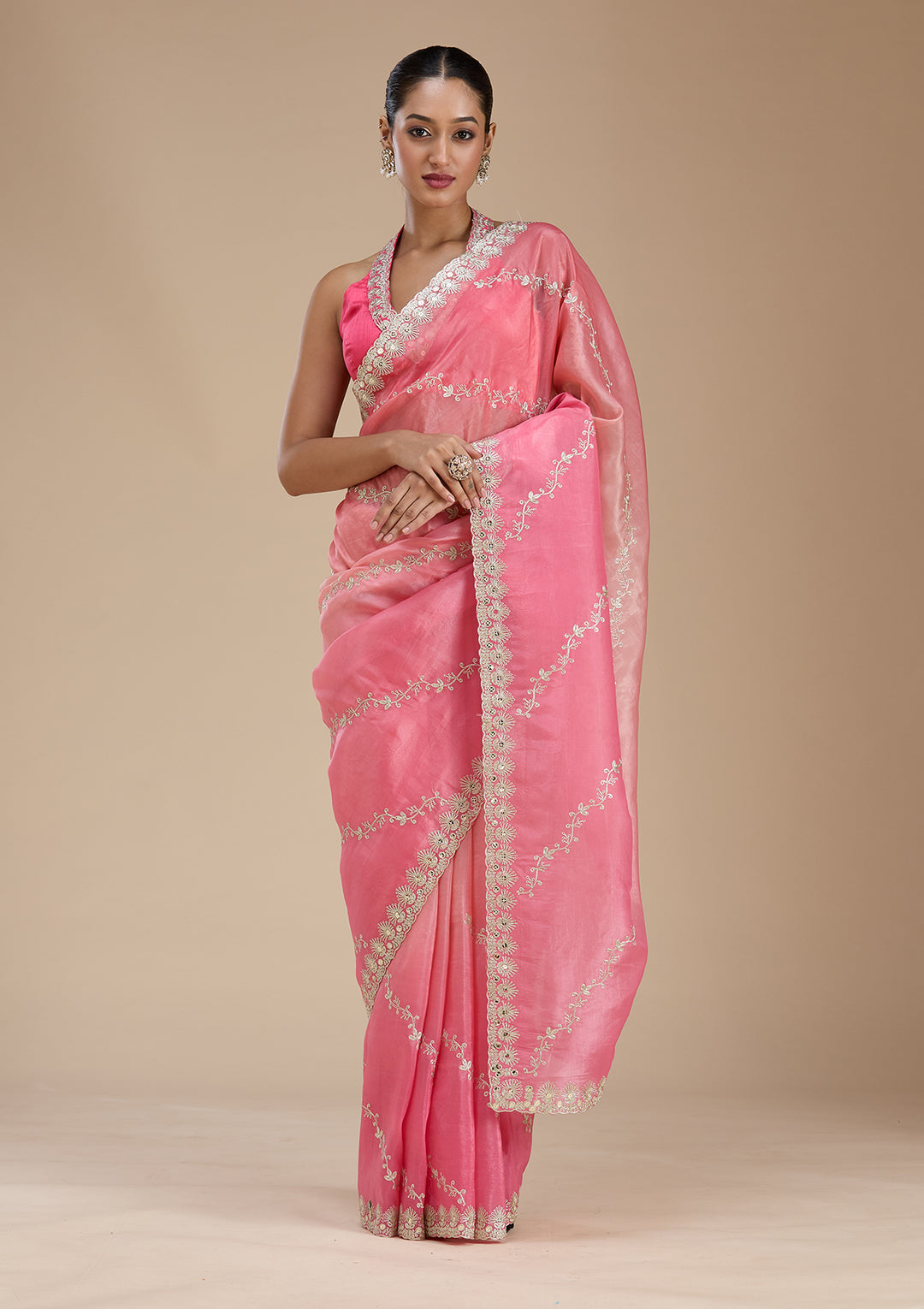 Gajari Pink Gotapatti Crepe Saree